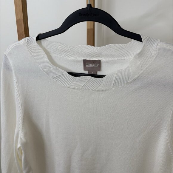 Chico’s Ivory Bell Sleeve Sweater (Sz 1 or US 8) Lightweight Scallop Rib Detail - Picture 2 of 7